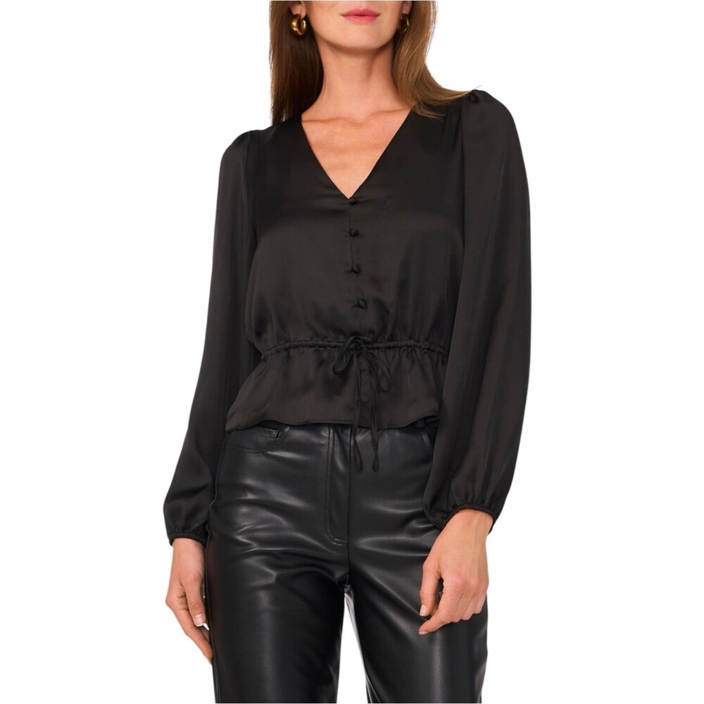 1.STATE Satin Peplum Blouse V Neck Button Front Drawstring Black XL NEW